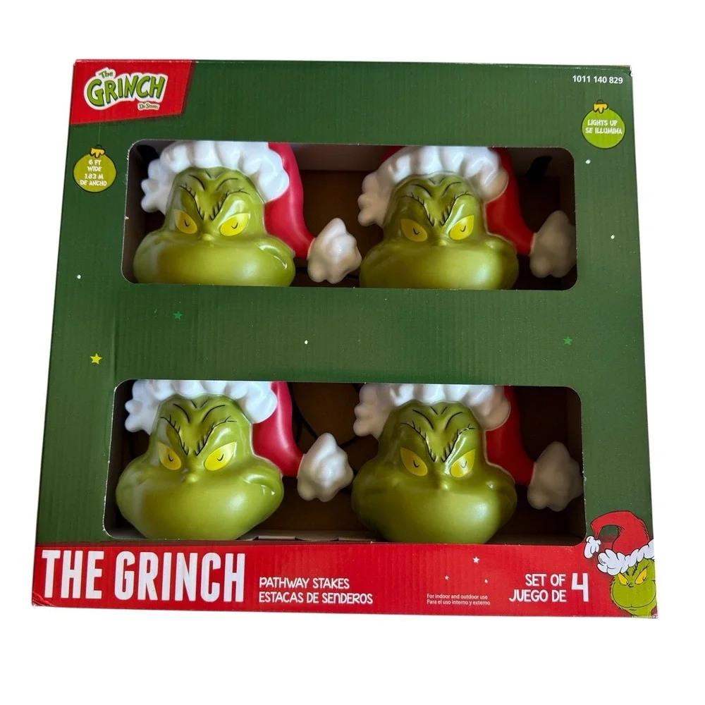 Gemmy Christmas Grinch Battery-Operated Pathway Stakes (4 Count) With Santa Hat‎